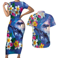 Hawaiian Lei Day Plumeria Humpback Whales Couples Matching Short Sleeve Bodycon Dress and Hawaiian Shirt Polynesian Art Vibrant Starry Nebula Style