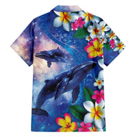 Hawaiian Lei Day Plumeria Humpback Whales Family Matching Long Sleeve Bodycon Dress and Hawaiian Shirt Polynesian Art Vibrant Starry Nebula Style