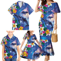 Hawaiian Lei Day Plumeria Humpback Whales Family Matching Mermaid Dress and Hawaiian Shirt Polynesian Art Vibrant Starry Nebula Style