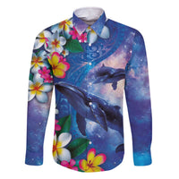 Hawaiian Lei Day Plumeria Humpback Whales Family Matching Off The Shoulder Long Sleeve Dress and Hawaiian Shirt Polynesian Art Vibrant Starry Nebula Style LT03 Dad's Shirt - Long Sleeve Art - Polynesian Pride