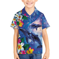 Hawaiian Lei Day Plumeria Humpback Whales Family Matching Off The Shoulder Long Sleeve Dress and Hawaiian Shirt Polynesian Art Vibrant Starry Nebula Style LT03 Son's Shirt Art - Polynesian Pride