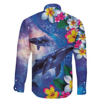 Hawaiian Lei Day Plumeria Humpback Whales Family Matching Short Sleeve Bodycon Dress and Hawaiian Shirt Polynesian Art Vibrant Starry Nebula Style