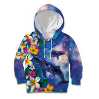Hawaiian Lei Day Plumeria Humpback Whales Kid Hoodie Polynesian Art Vibrant Starry Nebula Style