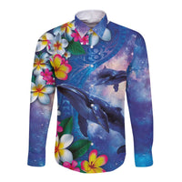 Hawaiian Lei Day Plumeria Humpback Whales Long Sleeve Button Shirt Polynesian Art Vibrant Starry Nebula Style