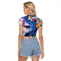 Hawaiian Lei Day Plumeria Humpback Whales Raglan Cropped T Shirt Polynesian Art Vibrant Starry Nebula Style