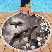 Hawaiian Lei Day Plumeria Humpback Whales Beach Blanket Polynesian Art Vibrant Starry Nebula Grayscale Style