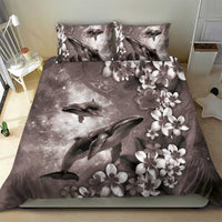 Hawaiian Lei Day Plumeria Humpback Whales Bedding Set Polynesian Art Vibrant Starry Nebula Grayscale Style