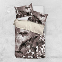 Hawaiian Lei Day Plumeria Humpback Whales Bedding Set Polynesian Art Vibrant Starry Nebula Grayscale Style
