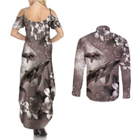 Hawaiian Lei Day Plumeria Humpback Whales Couples Matching Summer Maxi Dress and Long Sleeve Button Shirt Polynesian Art Vibrant Starry Nebula Grayscale Style