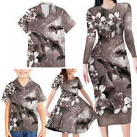 Hawaiian Lei Day Plumeria Humpback Whales Family Matching Long Sleeve Bodycon Dress and Hawaiian Shirt Polynesian Art Vibrant Starry Nebula Grayscale Style