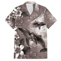 Hawaiian Lei Day Plumeria Humpback Whales Family Matching Off Shoulder Short Dress and Hawaiian Shirt Polynesian Art Vibrant Starry Nebula Grayscale Style