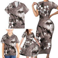 Hawaiian Lei Day Plumeria Humpback Whales Family Matching Short Sleeve Bodycon Dress and Hawaiian Shirt Polynesian Art Vibrant Starry Nebula Grayscale Style