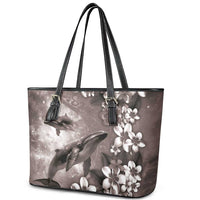 Hawaiian Lei Day Plumeria Humpback Whales Leather Tote Bag Polynesian Art Vibrant Starry Nebula Grayscale Style