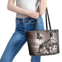 Hawaiian Lei Day Plumeria Humpback Whales Leather Tote Bag Polynesian Art Vibrant Starry Nebula Grayscale Style