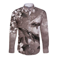 Hawaiian Lei Day Plumeria Humpback Whales Long Sleeve Button Shirt Polynesian Art Vibrant Starry Nebula Grayscale Style