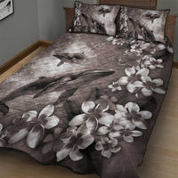 Hawaiian Lei Day Plumeria Humpback Whales Quilt Bed Set Polynesian Art Vibrant Starry Nebula Grayscale Style