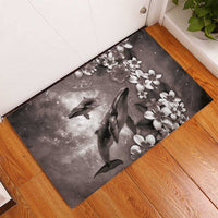 Hawaiian Lei Day Plumeria Humpback Whales Rubber Doormat Polynesian Art Vibrant Starry Nebula Grayscale Style