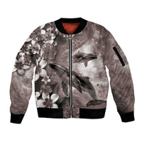 Hawaiian Lei Day Plumeria Humpback Whales Sleeve Zip Bomber Jacket Polynesian Art Vibrant Starry Nebula Grayscale Style LT03 Unisex Art - Polynesian Pride