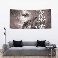 Hawaiian Lei Day Plumeria Humpback Whales Tapestry Polynesian Art Vibrant Starry Nebula Grayscale Style
