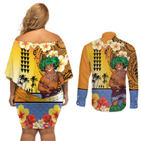 Happy Lei Day Couples Matching Off Shoulder Short Dress and Long Sleeve Button Shirt Hula Male Dancer Polynesian Flower Kakau Pattern