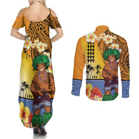 Happy Lei Day Couples Matching Summer Maxi Dress and Long Sleeve Button Shirt Hula Male Dancer Polynesian Flower Kakau Pattern LT03 - Polynesian Pride