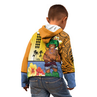 Happy Lei Day Kid Hoodie Hula Male Dancer Polynesian Flower Kakau Pattern