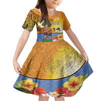 Happy Lei Day Kid Short Sleeve Dress Hula Male Dancer Polynesian Flower Kakau Pattern