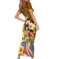 Happy Lei Day Family Matching Short Sleeve Bodycon Dress and Hawaiian Shirt Hula Girl Polynesian Flower Kakau Pattern