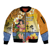 Happy Lei Day Sleeve Zip Bomber Jacket Hula Girl Polynesian Flower Kakau Pattern