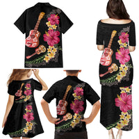 Ukulele mix Polynesian Flower Family Matching Puletasi and Hawaiian Shirt Hawaiian Tribal Pattern