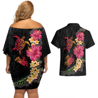 Hawaiian Flower and Tribal Turtle Couples Matching Off Shoulder Short Dress and Hawaiian Shirt Colorful Style