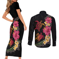 Hawaiian Flower and Tribal Turtle Couples Matching Short Sleeve Bodycon Dress and Long Sleeve Button Shirt Colorful Style