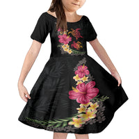 Hawaiian Flower and Tribal Turtle Family Matching Off The Shoulder Long Sleeve Dress and Hawaiian Shirt Colorful Style LT03 Daughter's Dress Black - Polynesian Pride