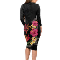 Hawaiian Flower and Tribal Turtle Long Sleeve Bodycon Dress Colorful Style