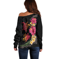 Hawaiian Flower and Tribal Turtle Off Shoulder Sweater Colorful Style
