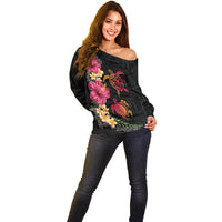 Hawaiian Flower and Tribal Turtle Off Shoulder Sweater Colorful Style