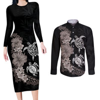 Hawaiian Flower and Tribal Turtle Couples Matching Long Sleeve Bodycon Dress and Long Sleeve Button Shirt Grayscale Mode