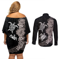 Hawaiian Flower and Tribal Turtle Couples Matching Off Shoulder Short Dress and Long Sleeve Button Shirt Grayscale Mode