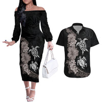 Hawaiian Flower and Tribal Turtle Couples Matching Off The Shoulder Long Sleeve Dress and Hawaiian Shirt Grayscale Mode LT03 Black - Polynesian Pride