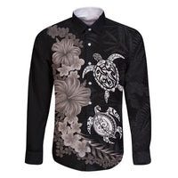 Hawaiian Flower and Tribal Turtle Family Matching Off Shoulder Short Dress and Hawaiian Shirt Grayscale Mode LT03 Dad's Shirt - Long Sleeve Black - Polynesian Pride