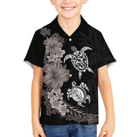 Hawaiian Flower and Tribal Turtle Family Matching Off Shoulder Short Dress and Hawaiian Shirt Grayscale Mode LT03 Son's Shirt Black - Polynesian Pride
