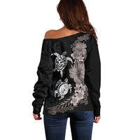 Hawaiian Flower and Tribal Turtle Off Shoulder Sweater Grayscale Mode