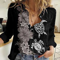 Hawaiian Flower and Tribal Turtle Women Casual Shirt Grayscale Mode
