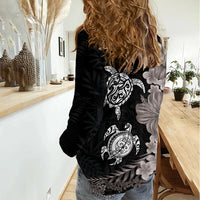 Hawaiian Flower and Tribal Turtle Women Casual Shirt Grayscale Mode