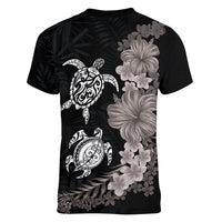 Hawaiian Flower and Tribal Turtle Women V-Neck T-Shirt Grayscale Mode