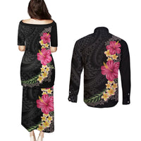 Hawaiian Plumeria and Hibiscus Couples Matching Puletasi and Long Sleeve Button Shirt Colorful Style LT03 - Polynesian Pride