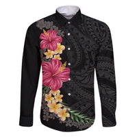 Hawaiian Plumeria and Hibiscus Family Matching Off The Shoulder Long Sleeve Dress and Hawaiian Shirt Colorful Style LT03 Dad's Shirt - Long Sleeve Black - Polynesian Pride