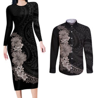 Hawaiian Plumeria and Hibiscus Couples Matching Long Sleeve Bodycon Dress and Long Sleeve Button Shirt Grayscale Mode