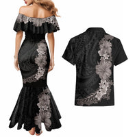 Hawaiian Plumeria and Hibiscus Couples Matching Mermaid Dress and Hawaiian Shirt Grayscale Mode LT03 - Polynesian Pride