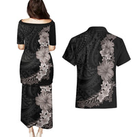 Hawaiian Plumeria and Hibiscus Couples Matching Puletasi and Hawaiian Shirt Grayscale Mode LT03 - Polynesian Pride